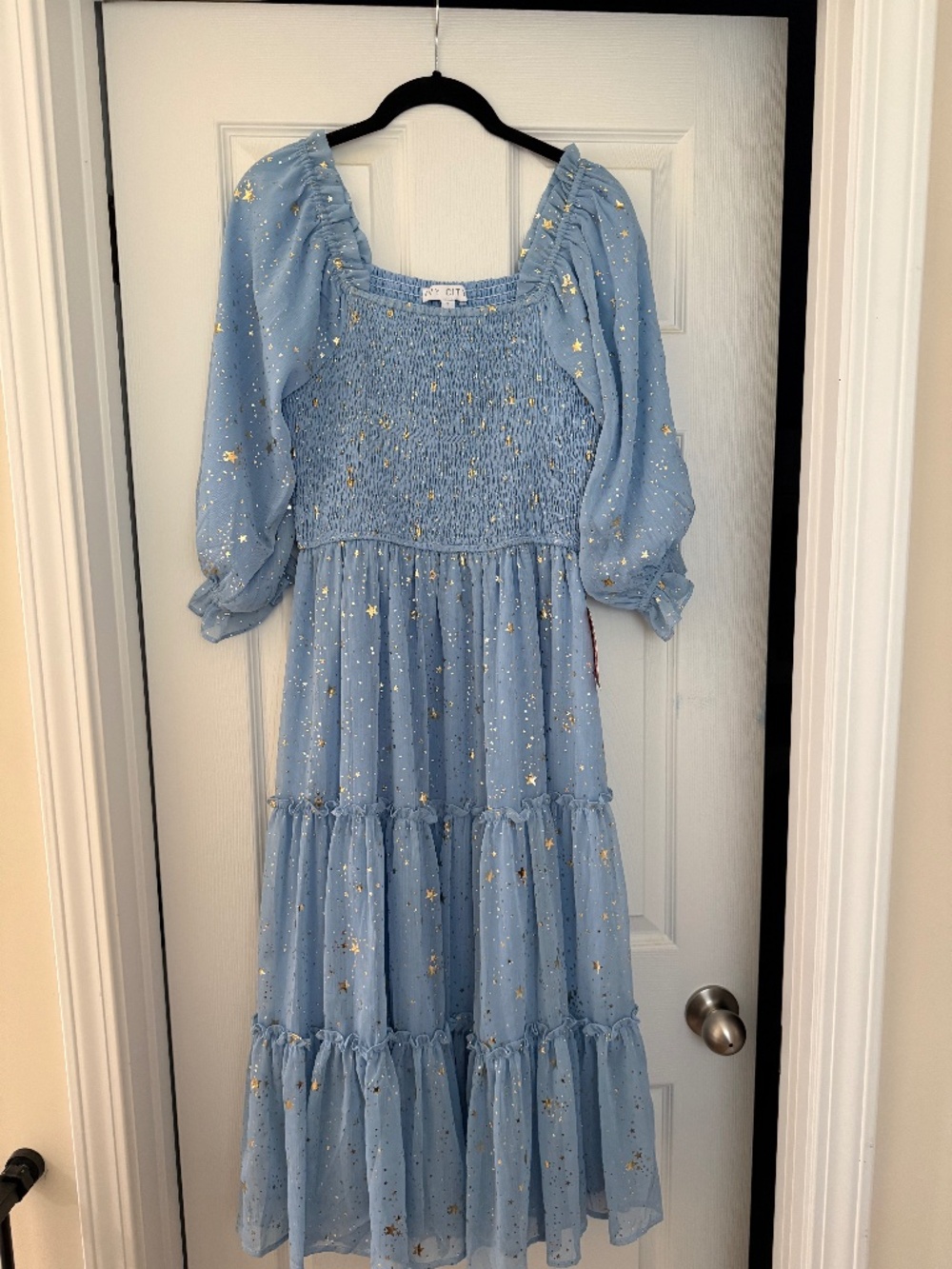 Ivy City Starry Nights Midi Dress Light Blue Smocked Puff Sleeve Size S NWT